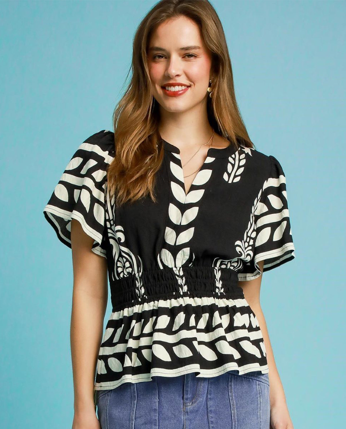 Boho Peplum Smocked Waist Top with Short Flutter Sleeves