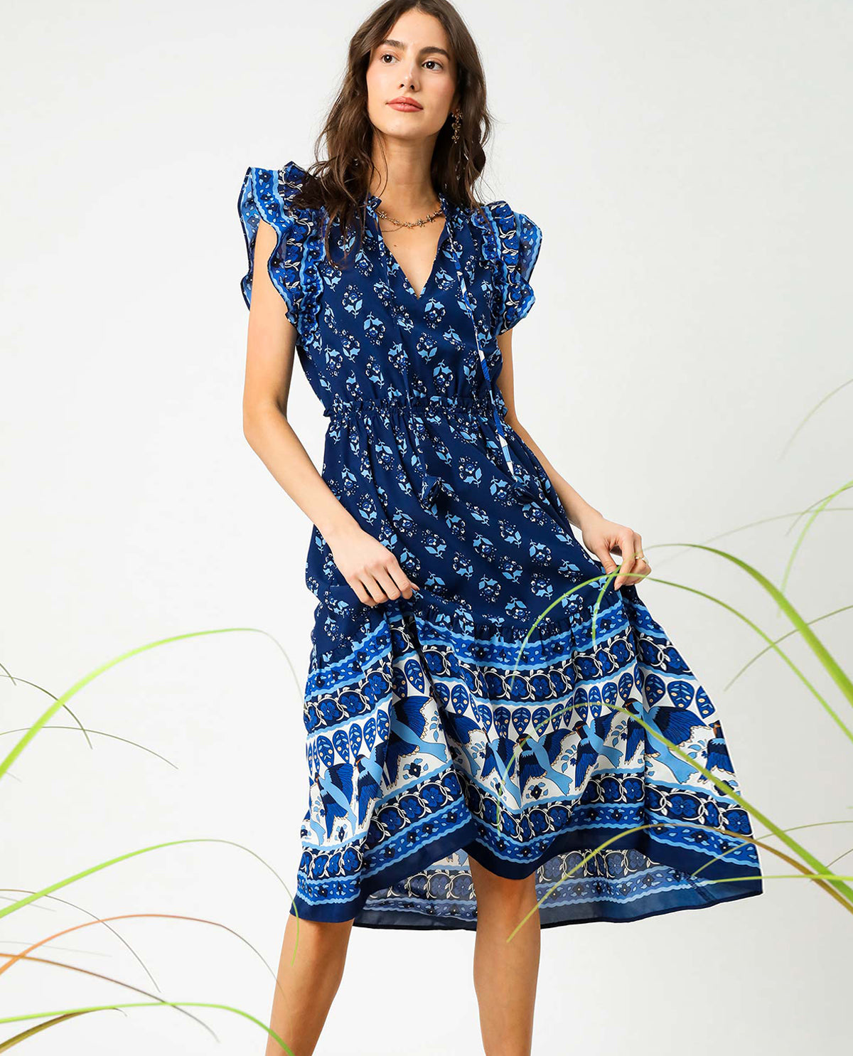 Border Print Vneck Dress