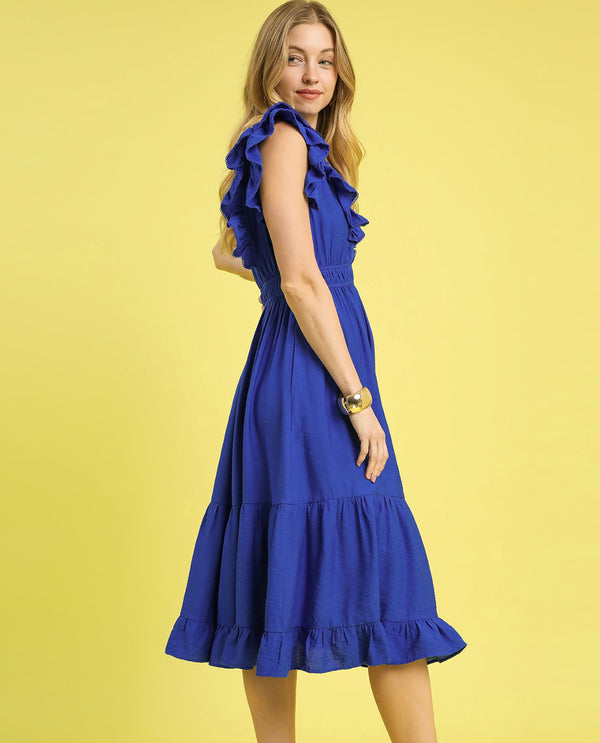 Ruffle Tiered Midi Dress with Ruffle V-neckline and Flutter Sleeves