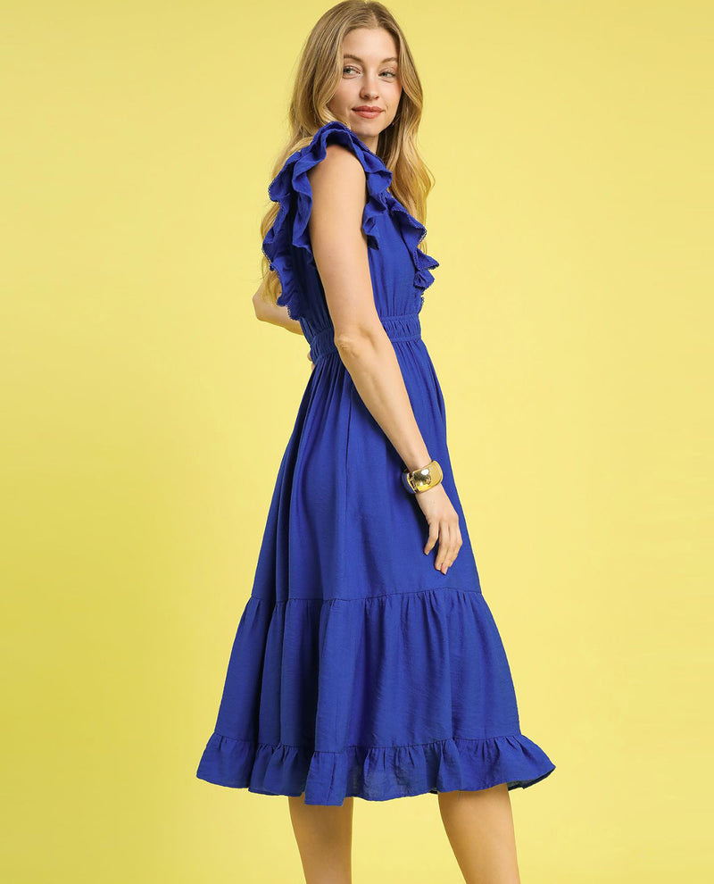 Ruffle Tiered Midi Dress with Ruffle V-neckline and Flutter Sleeves