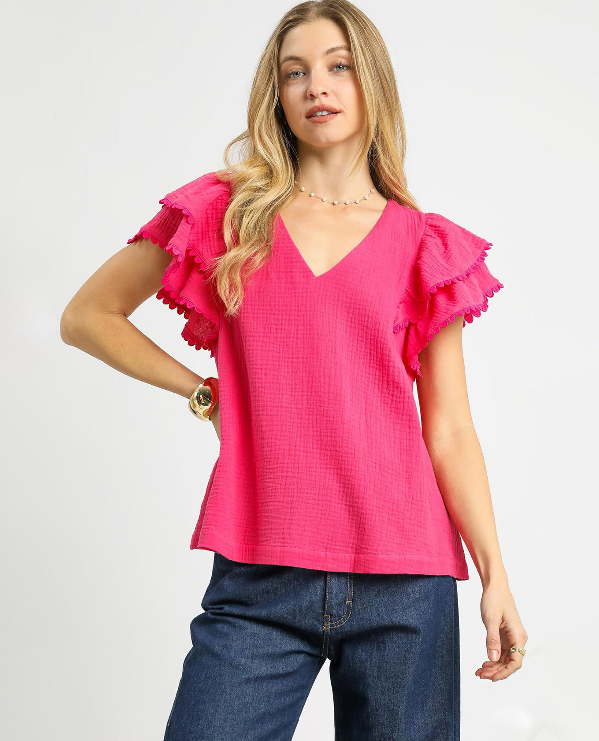 Gauze V-neck Top with Ruffle Sleeves