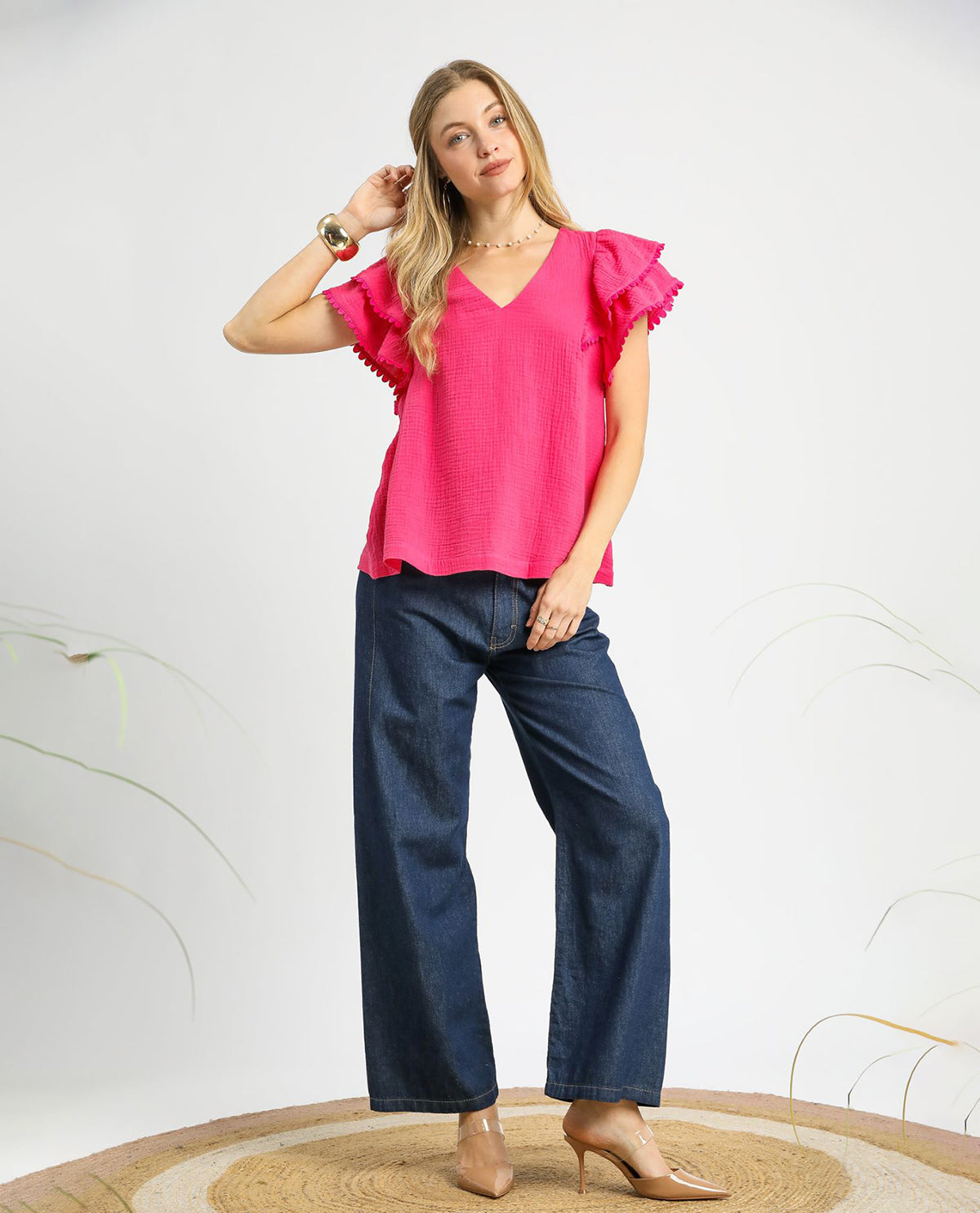 Gauze V-neck Top with Ruffle Sleeves