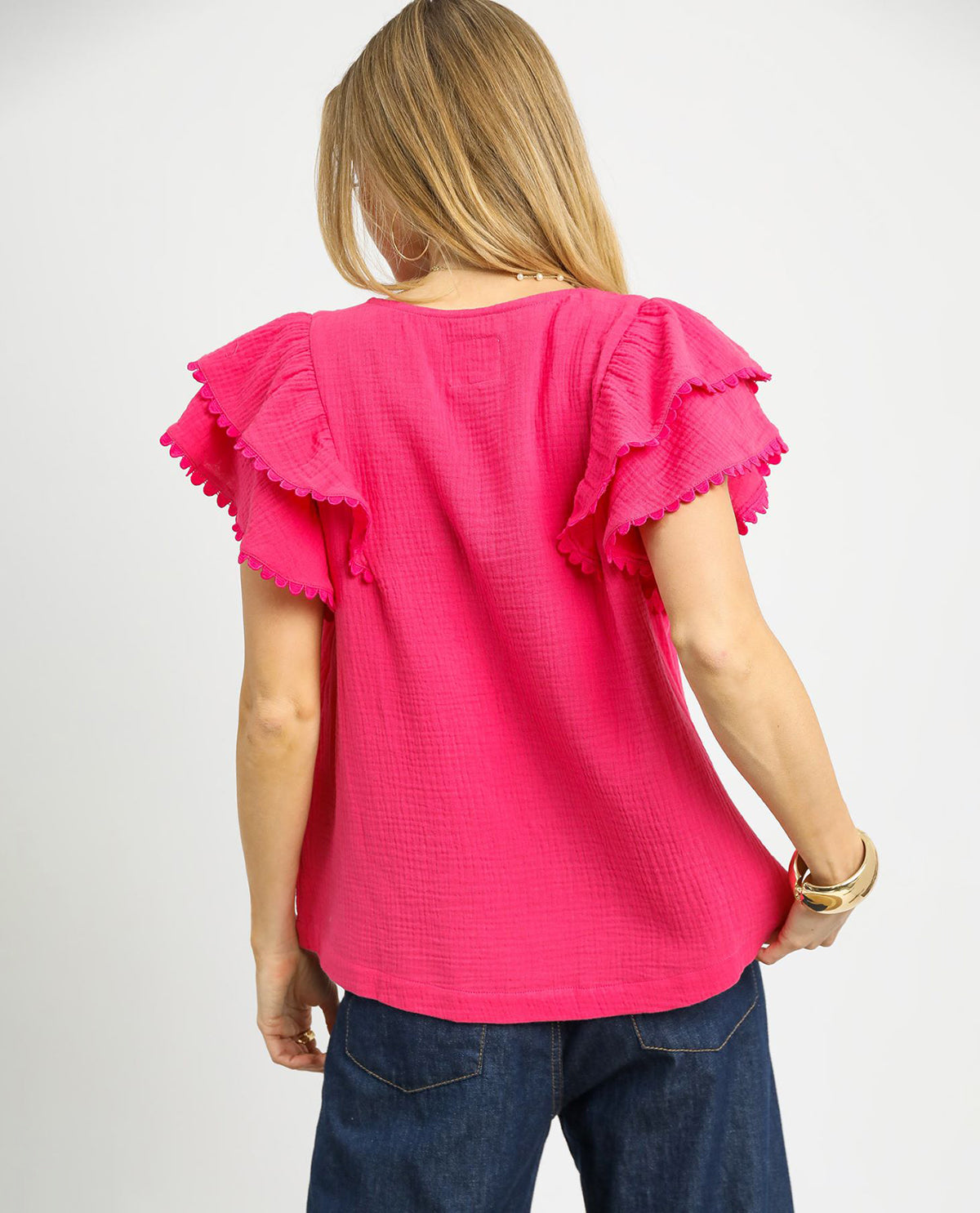 Gauze V-neck Top with Ruffle Sleeves