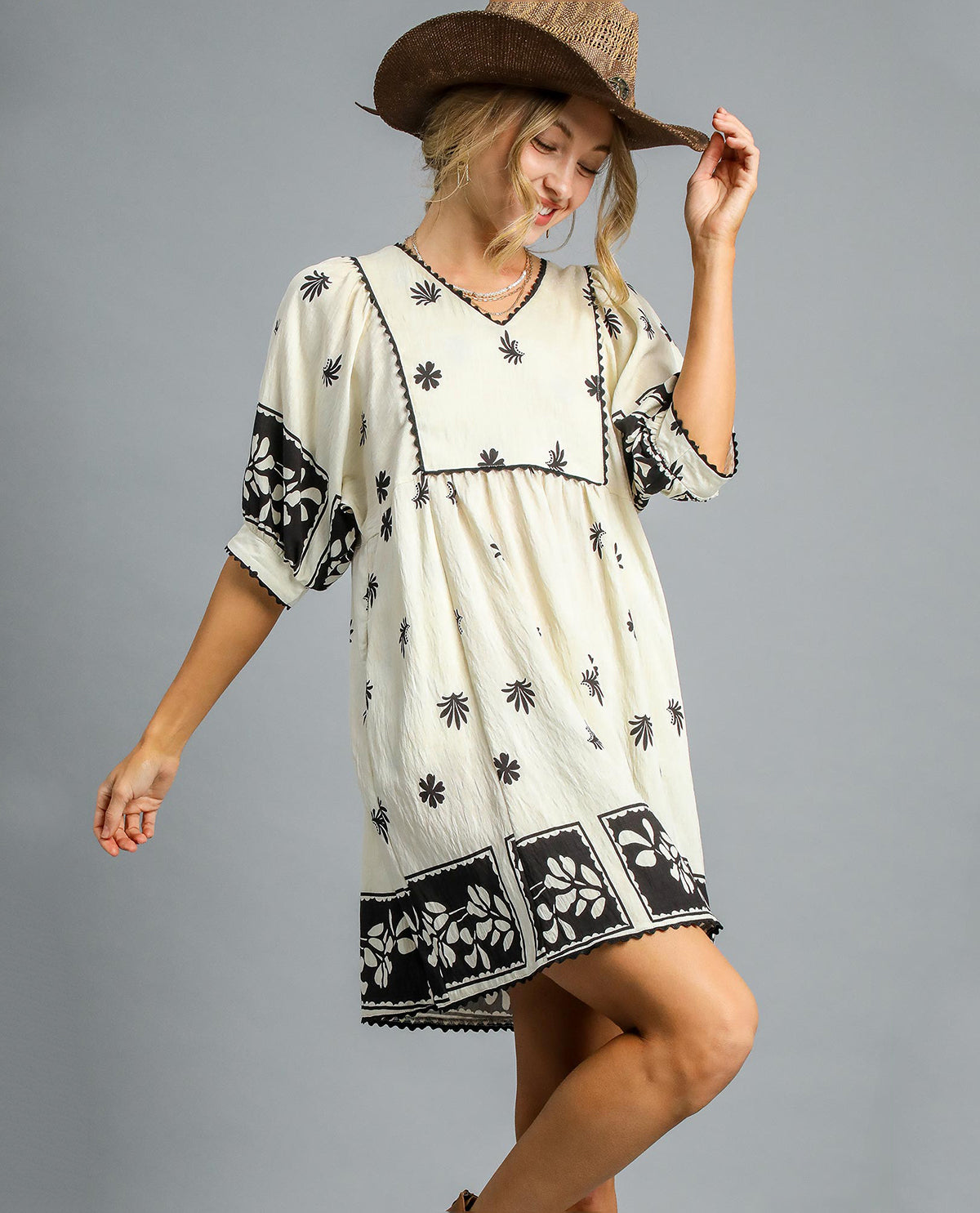 Floral Embroidered Square Yoke Dress