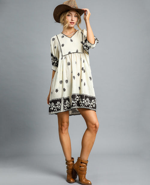 Floral Embroidered Square Yoke Dress
