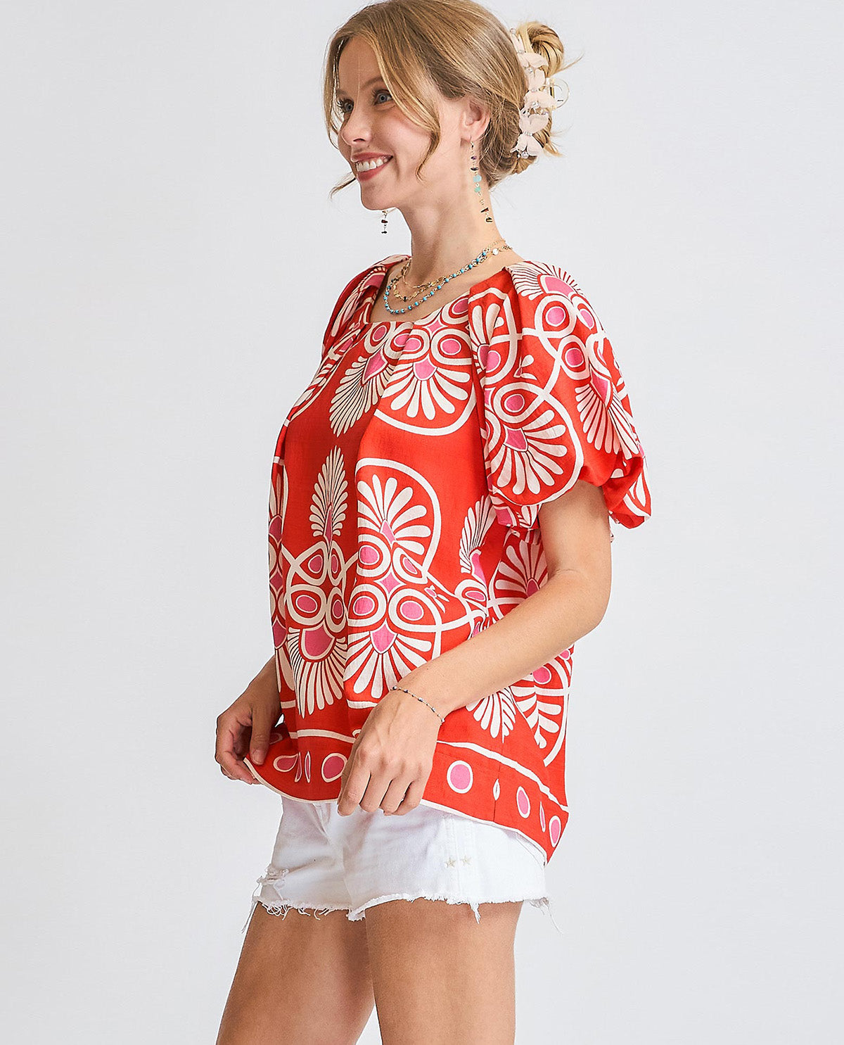 Abstract Print Top With Puff Sleeves