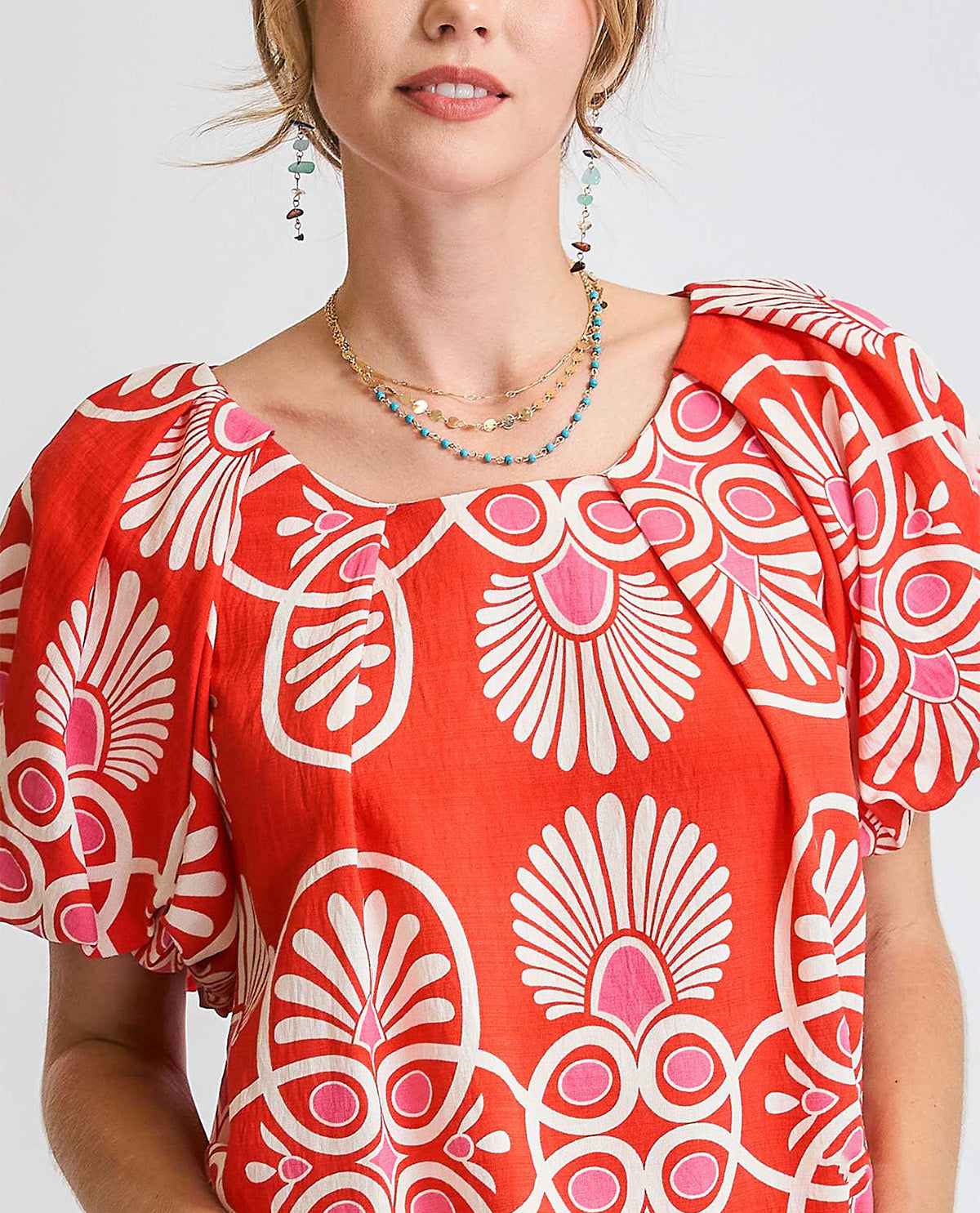 Abstract Print Top With Puff Sleeves