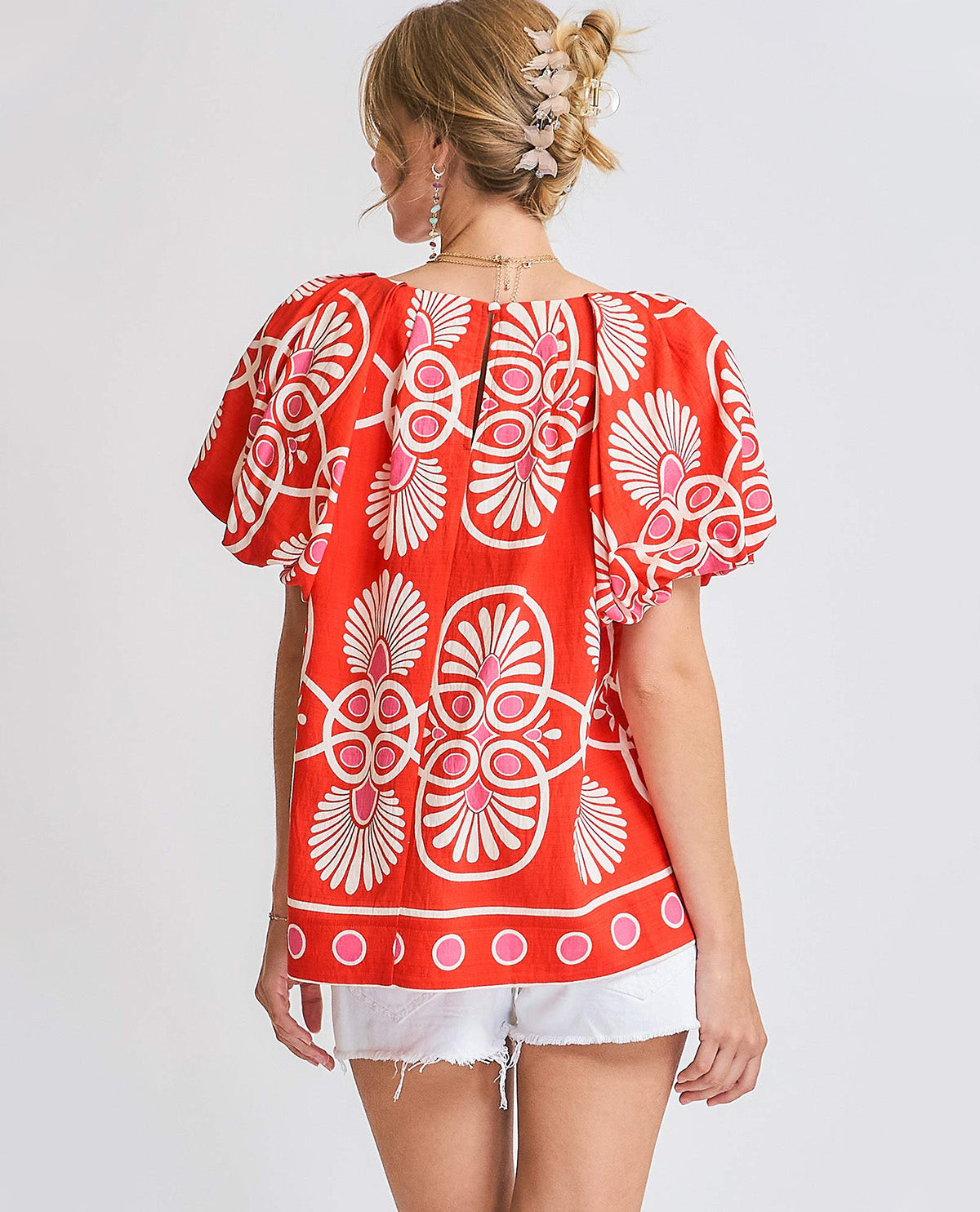 Abstract Print Top With Puff Sleeves