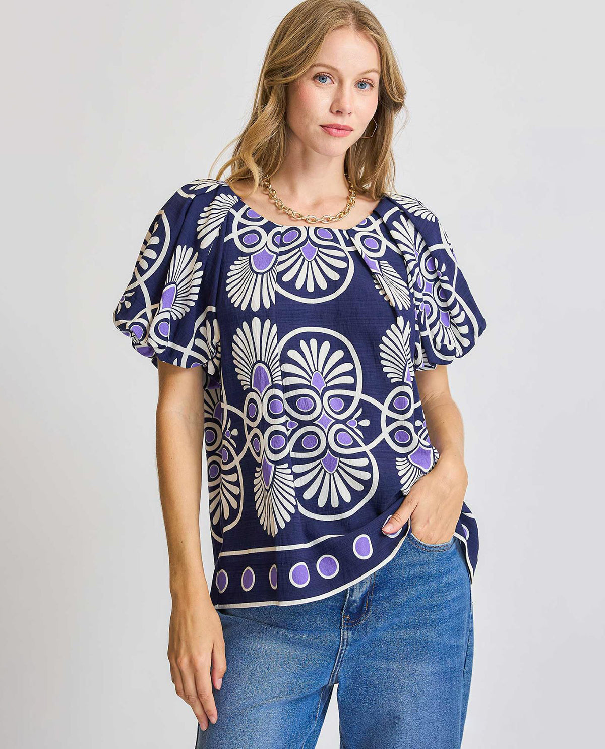Abstract Print Top with Puff Sleeves