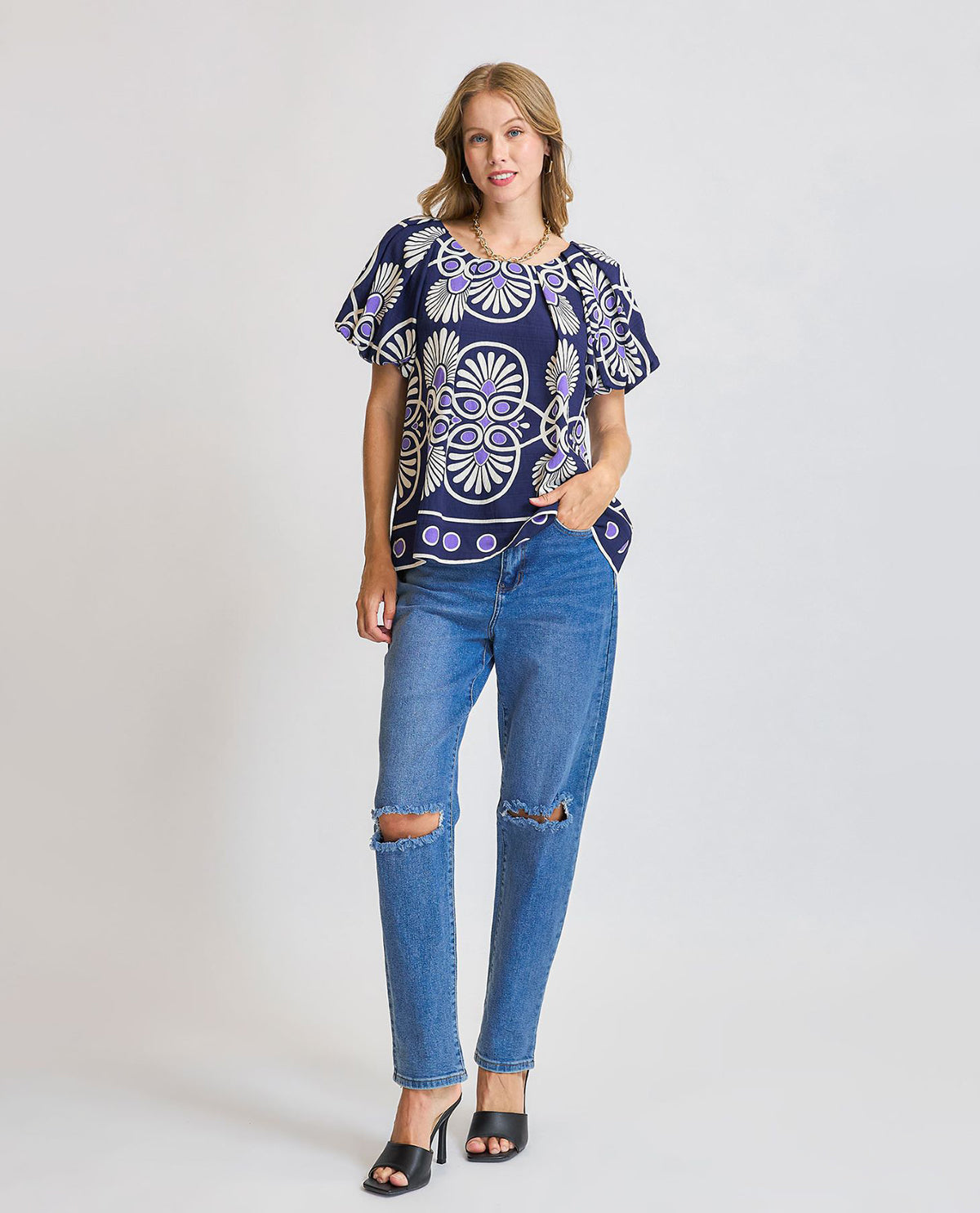 Abstract Print Top with Puff Sleeves