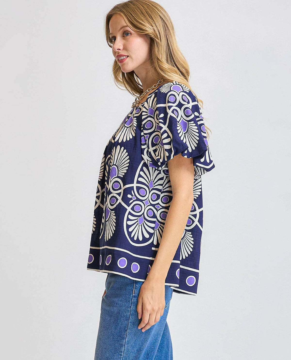 Abstract Print Top with Puff Sleeves