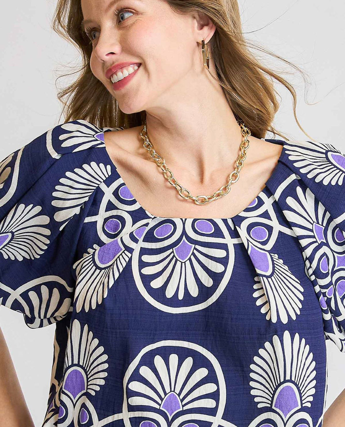 Abstract Print Top with Puff Sleeves