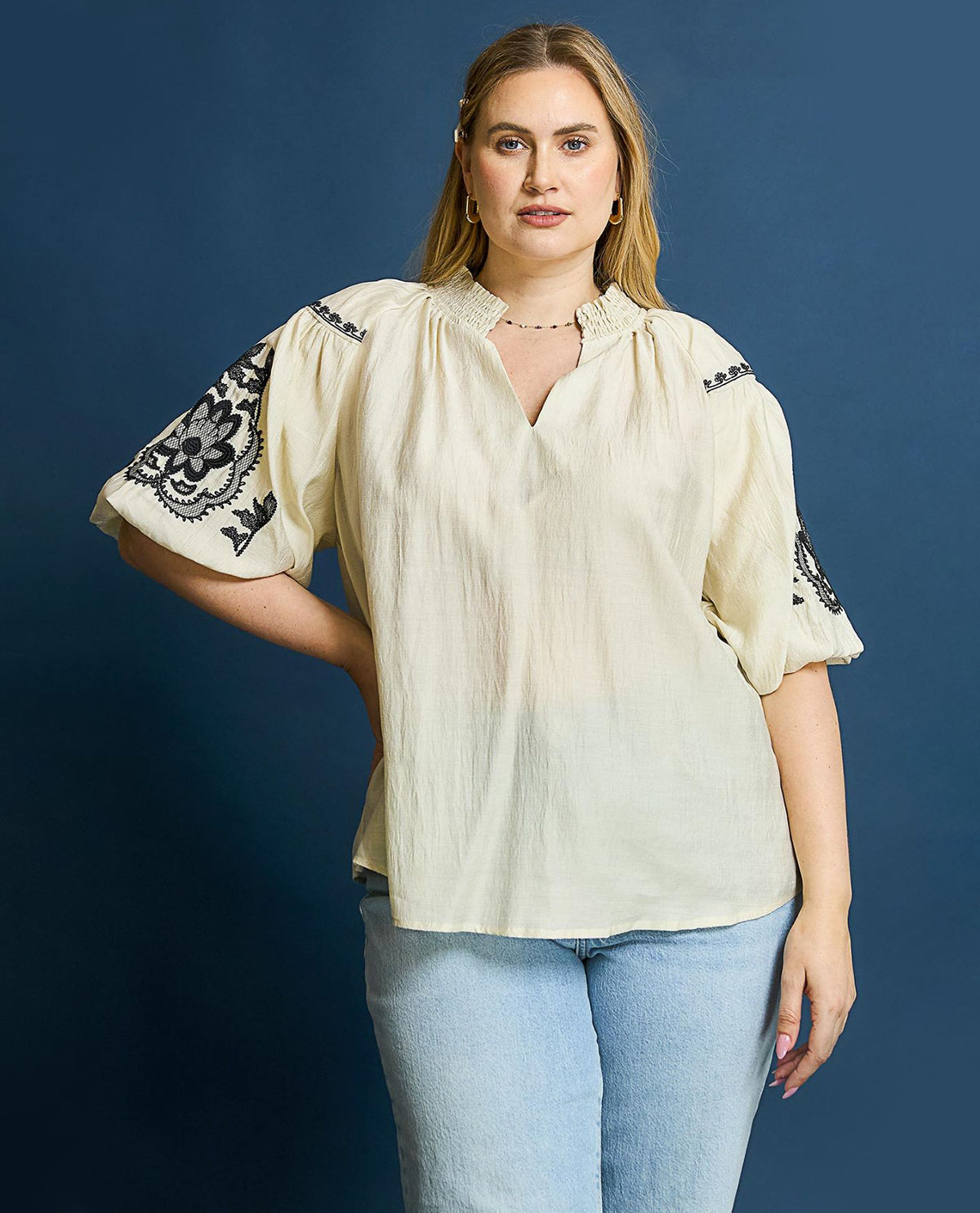 Plus Boho Chic Embroidered High Neck Blouse with Elastic Cuff Sleeves
