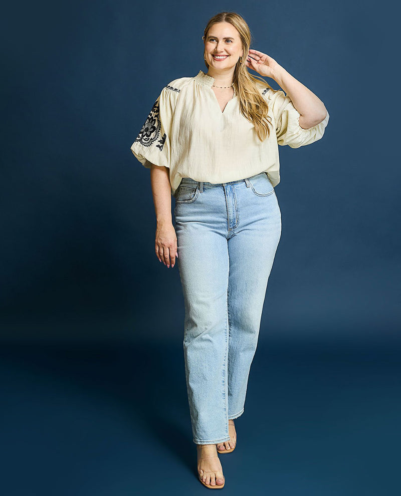 Plus Boho Chic Embroidered High Neck Blouse with Elastic Cuff Sleeves