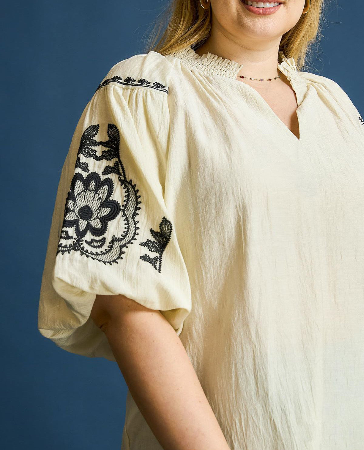 Plus Boho Chic Embroidered High Neck Blouse with Elastic Cuff Sleeves