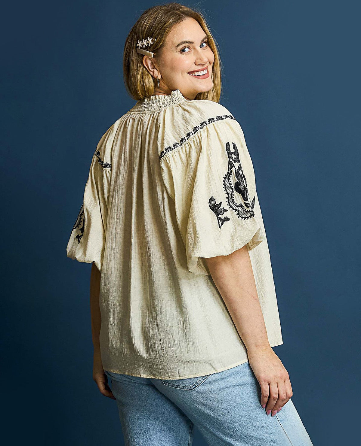 Plus Boho Chic Embroidered High Neck Blouse with Elastic Cuff Sleeves