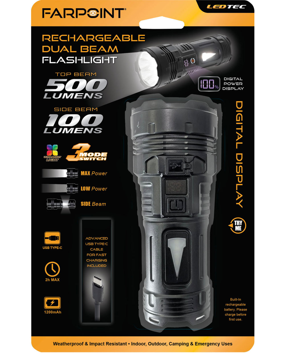 500 lumen flashlight rechargeable Farpoint Rechargeable Dual Beam Flashlight