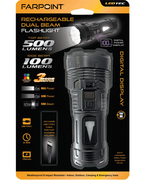 Packaging for a Farpoint rechargeable dual beam flashlight with a digital display, highlighting 500 lumens as its main feature, along with weatherproof and impact resistance.
