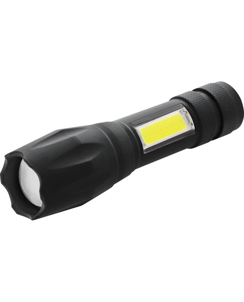 Black flashlight with COB light on a white background