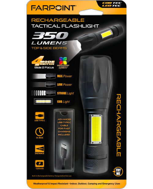 Rechargeable tactical flashlight with packaging displaying features and specifications.