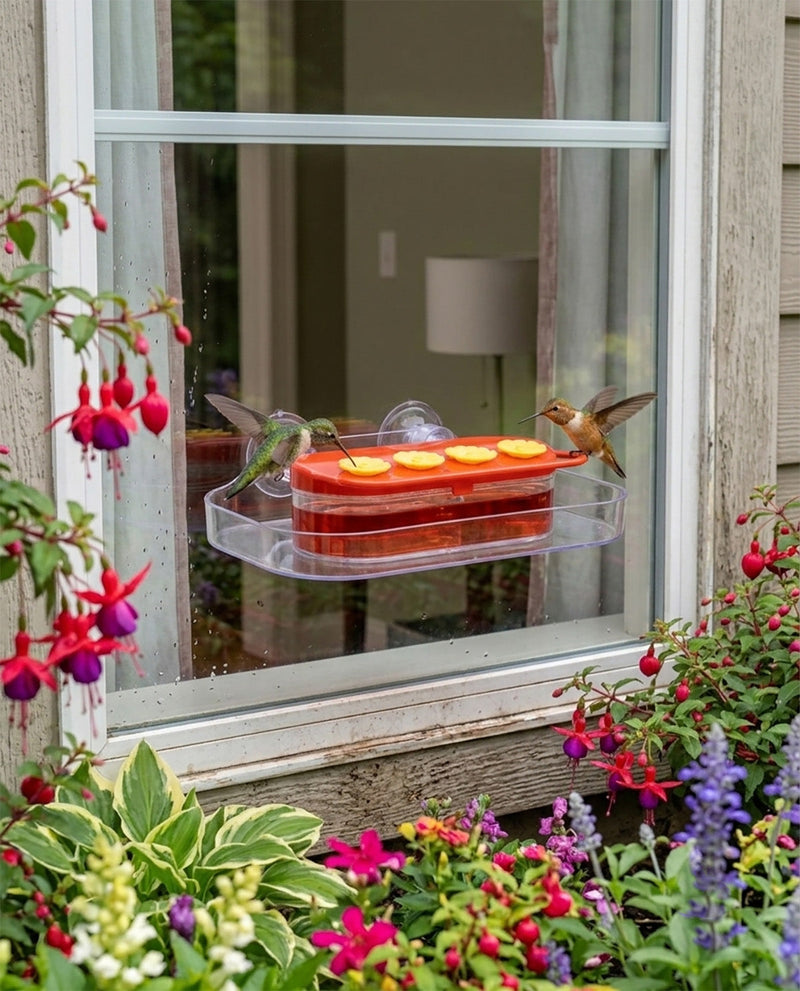 A clear plastic hummingbird feeder with orange-red wax melts sits on a window ledge, with two hummingbirds feeding. The window is framed by lush green plants and colorful flowers.