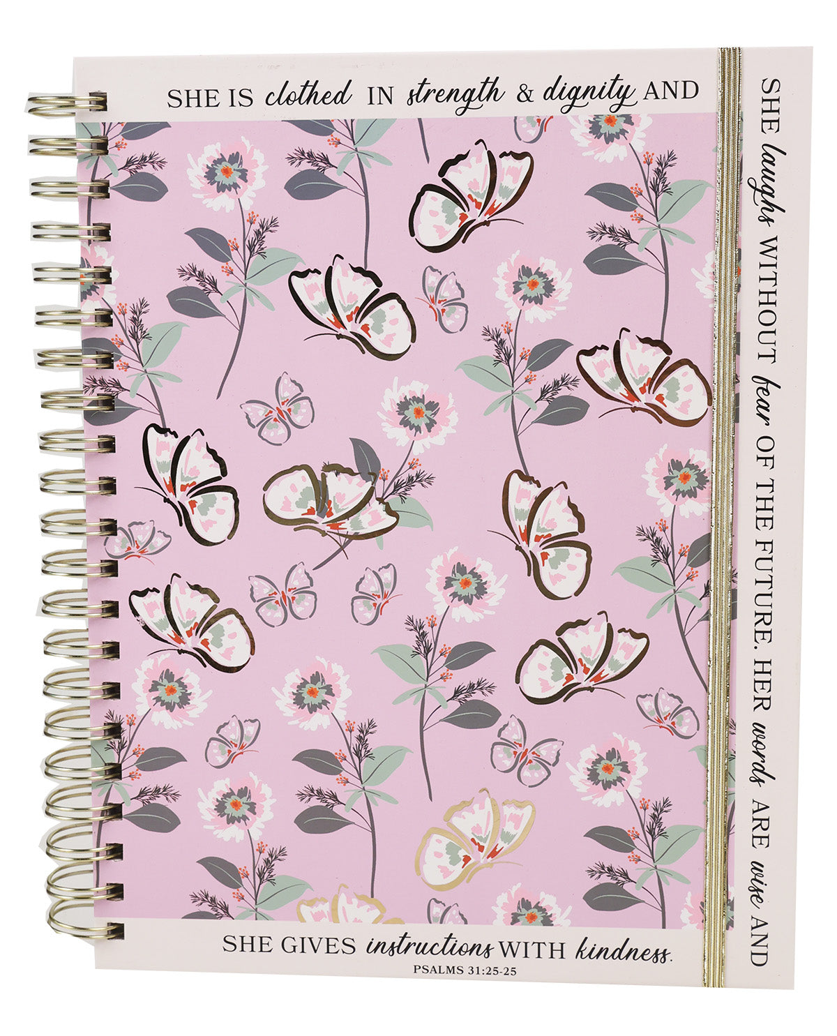 A spiral-bound notebook with a light pink cover decorated with a butterfly and floral pattern, featuring Bible verses printed on the cover.