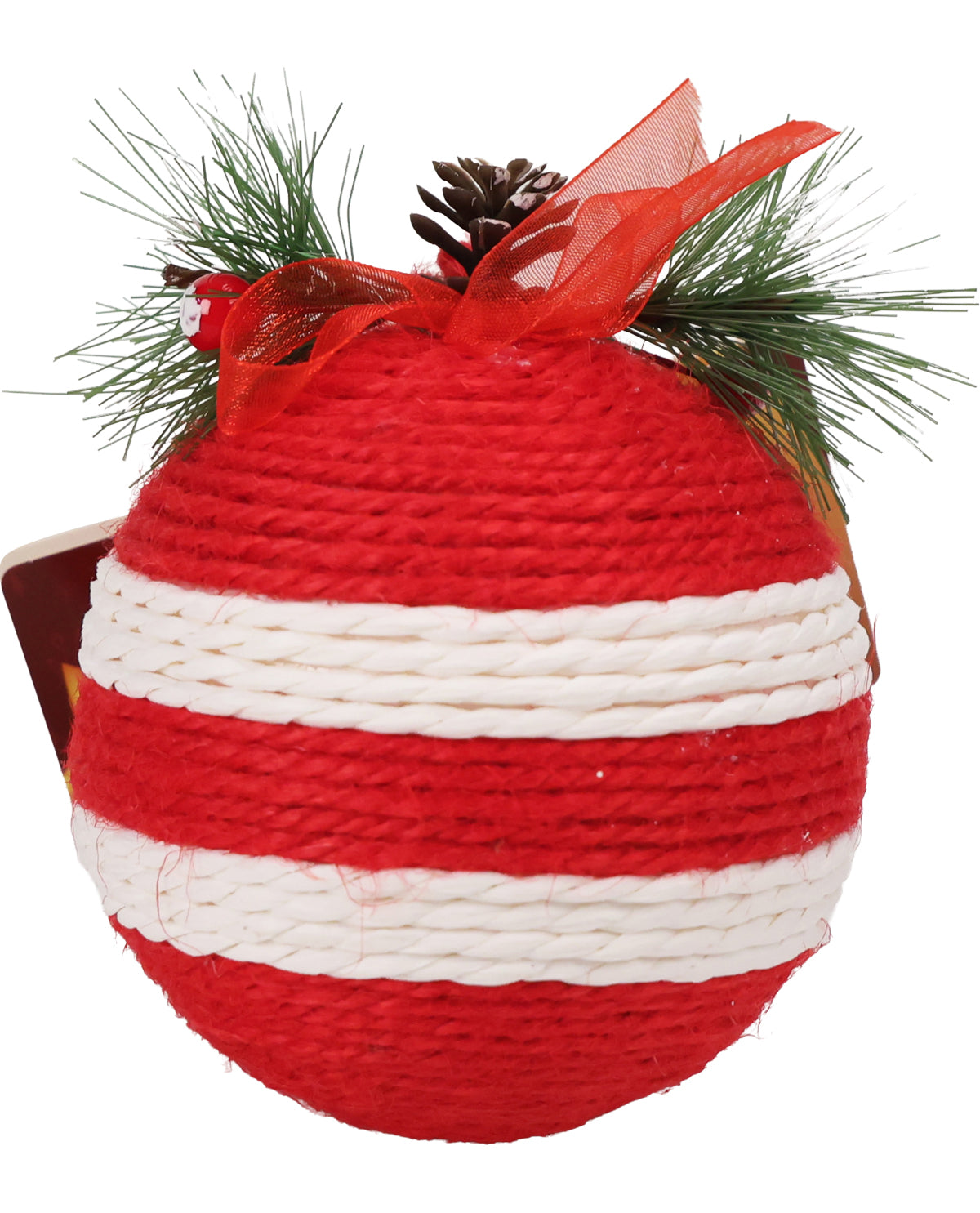 A red and white striped decorative ornament wrapped in rope, topped with green pine branches, a small pinecone, and a red ribbon bow, shown on a white background.