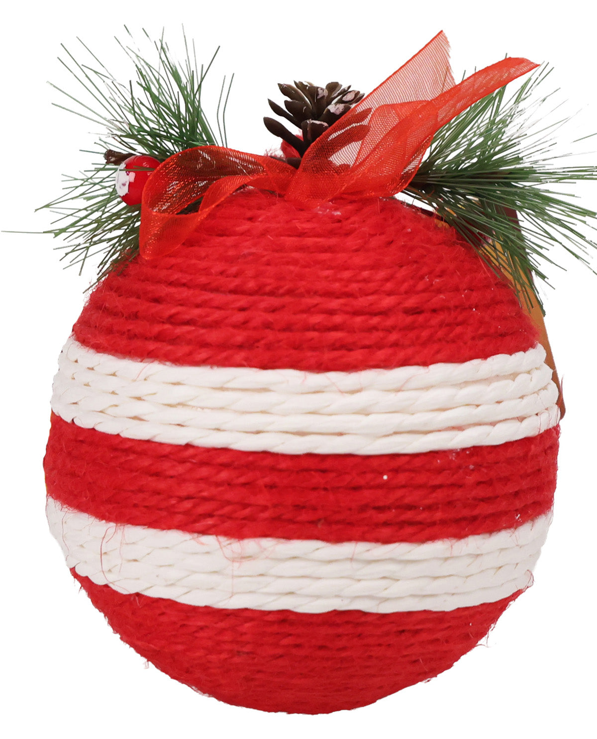 A spherical Christmas ornament wrapped in red and white rope, decorated with green pine branches, a small pinecone, and a red sheer ribbon bow on a white background.