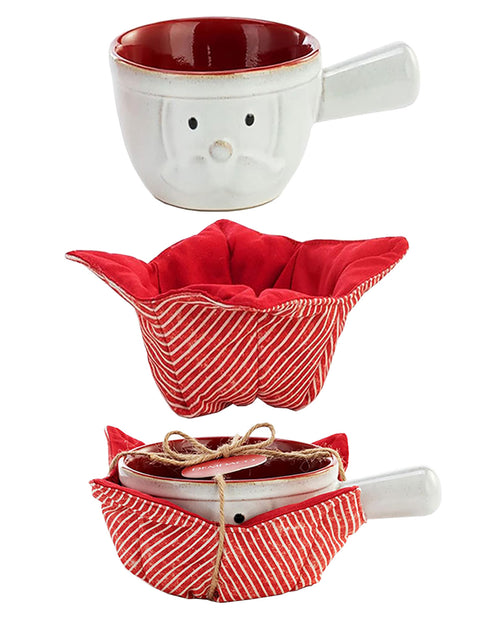 Two ceramic mugs with red interior and exterior, one with a matching red fabric cover on a white background.