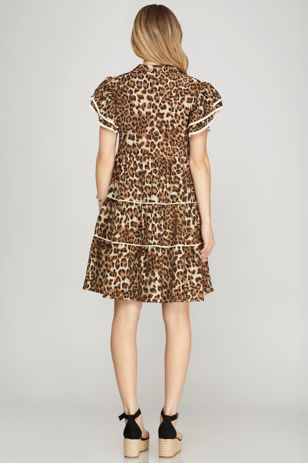 Ruffle Sleeves Tiered Animal Print Dress