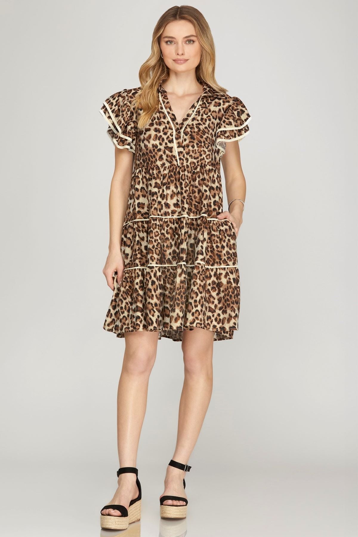 Ruffle Sleeves Tiered Animal Print Dress