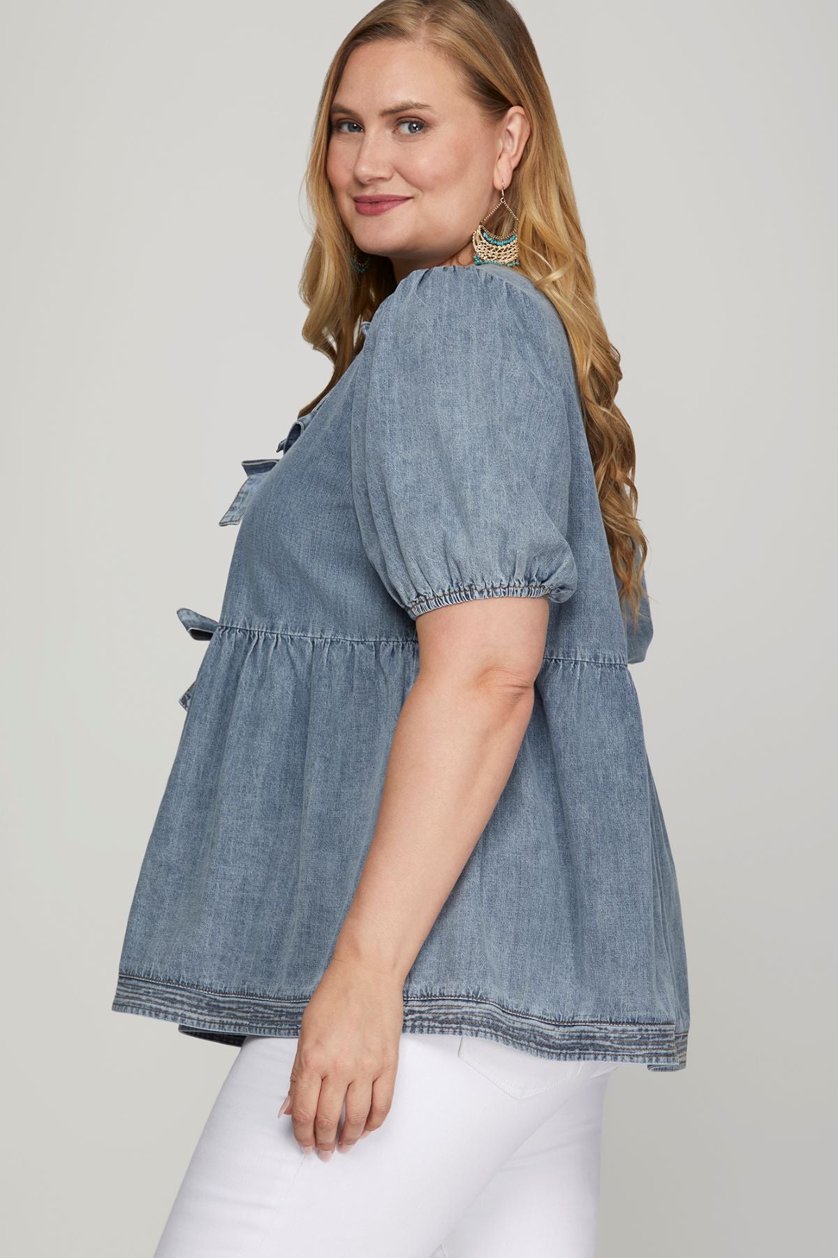 Plus Bow Tie Front Top with Cuff Sleeves
