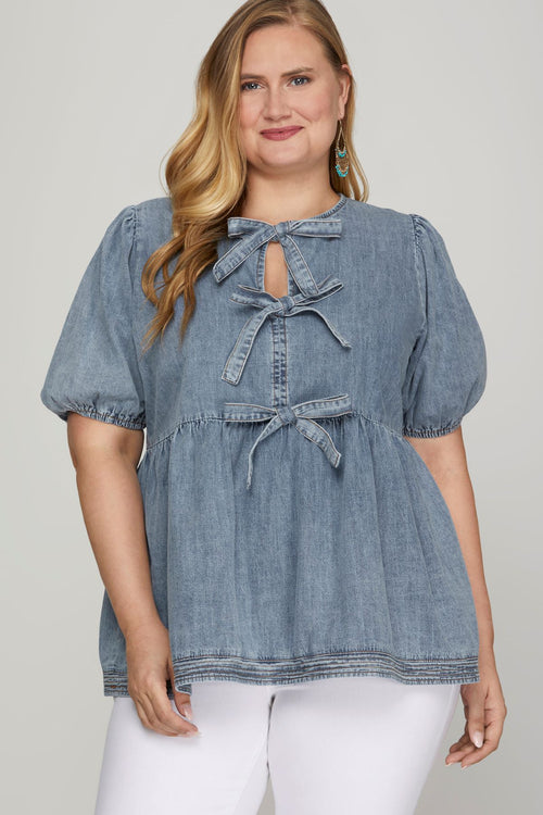 Plus Bow Tie Front Top with Cuff Sleeves