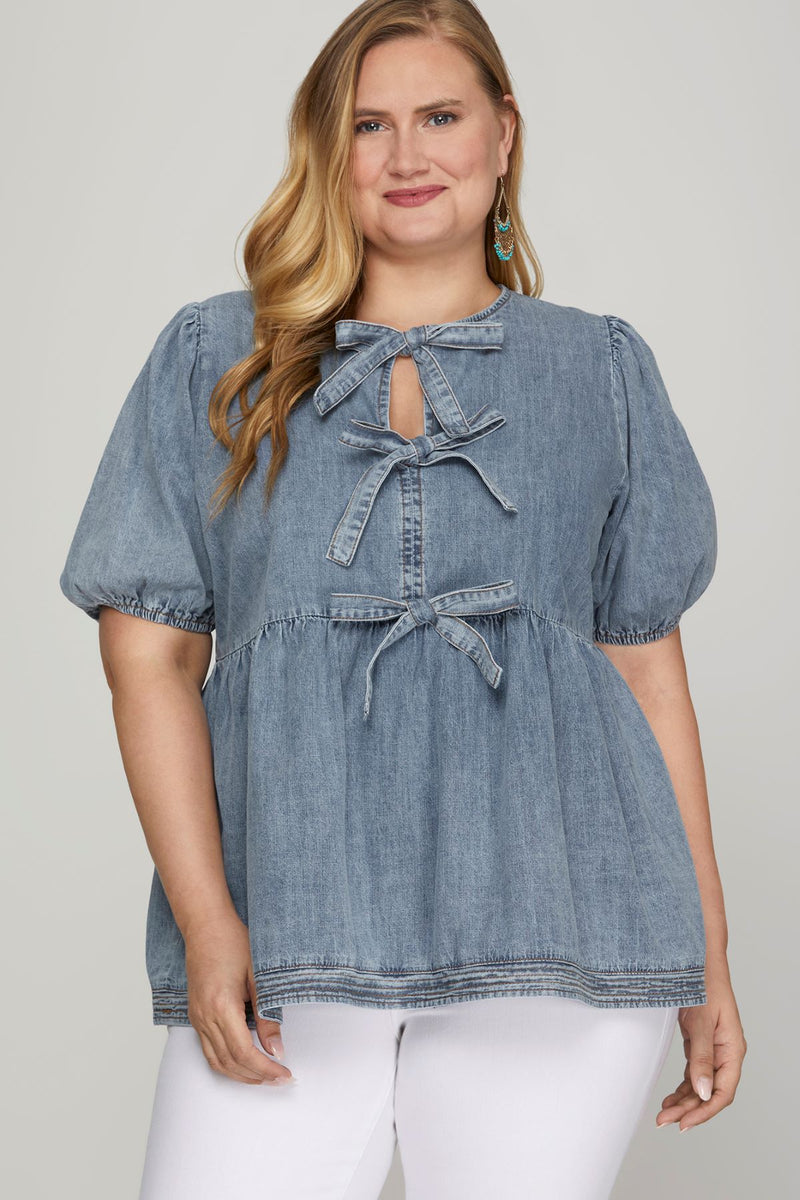 Plus Bow Tie Front Top with Cuff Sleeves