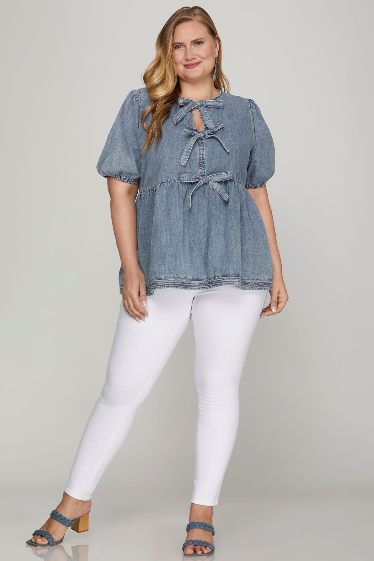 Plus Bow Tie Front Top with Cuff Sleeves