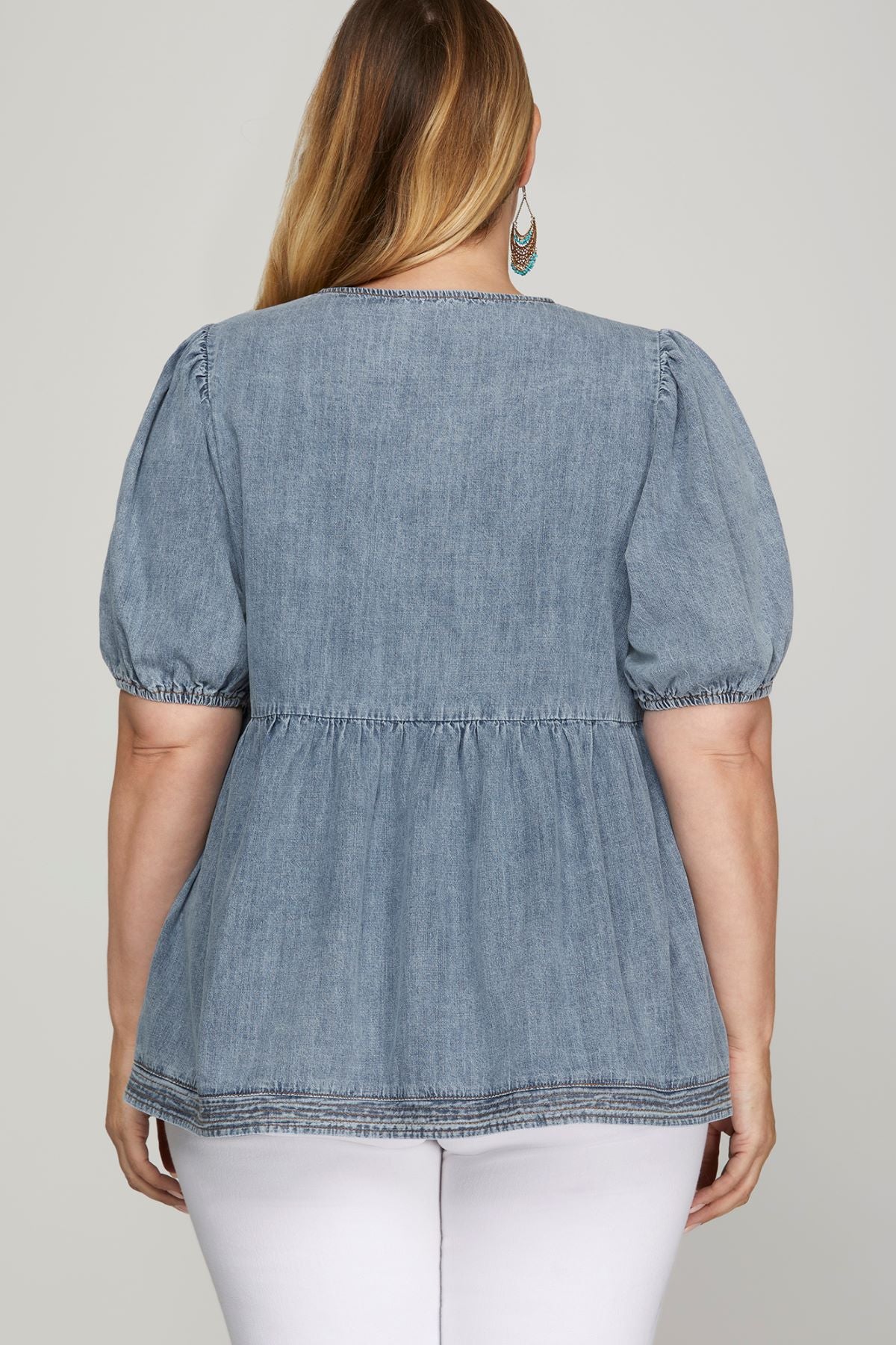 Plus Bow Tie Front Top with Cuff Sleeves