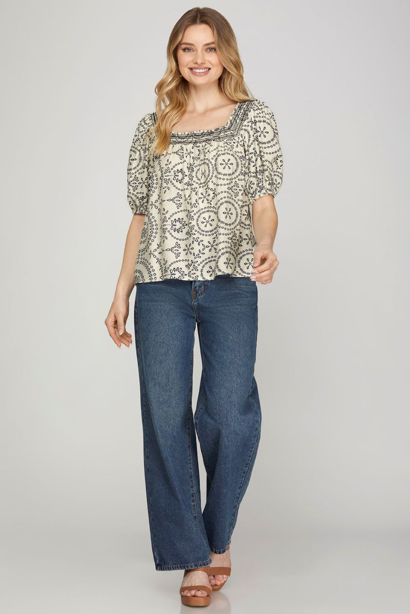 Print Square Neck Top with Smock Detail