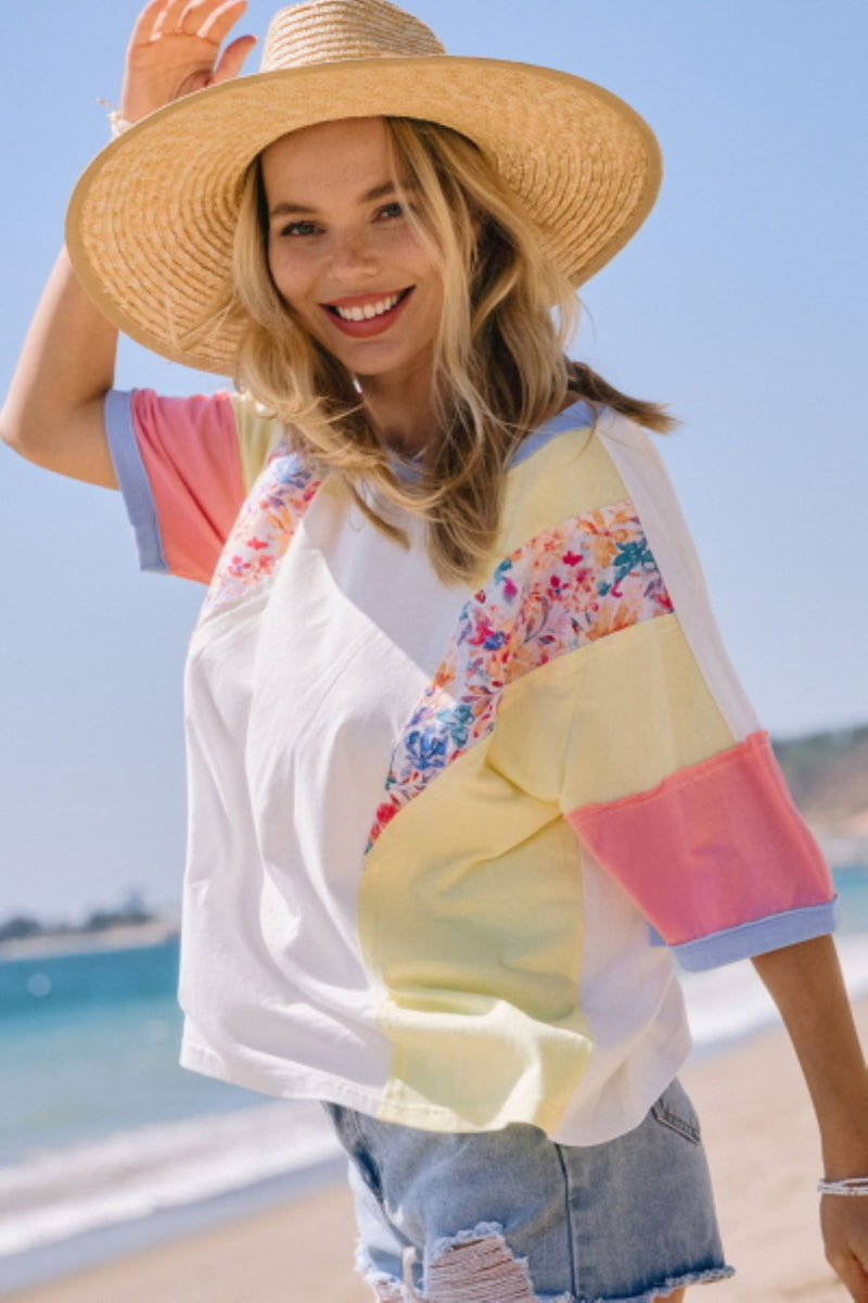 Colorblock Tee with Floral Inset Print