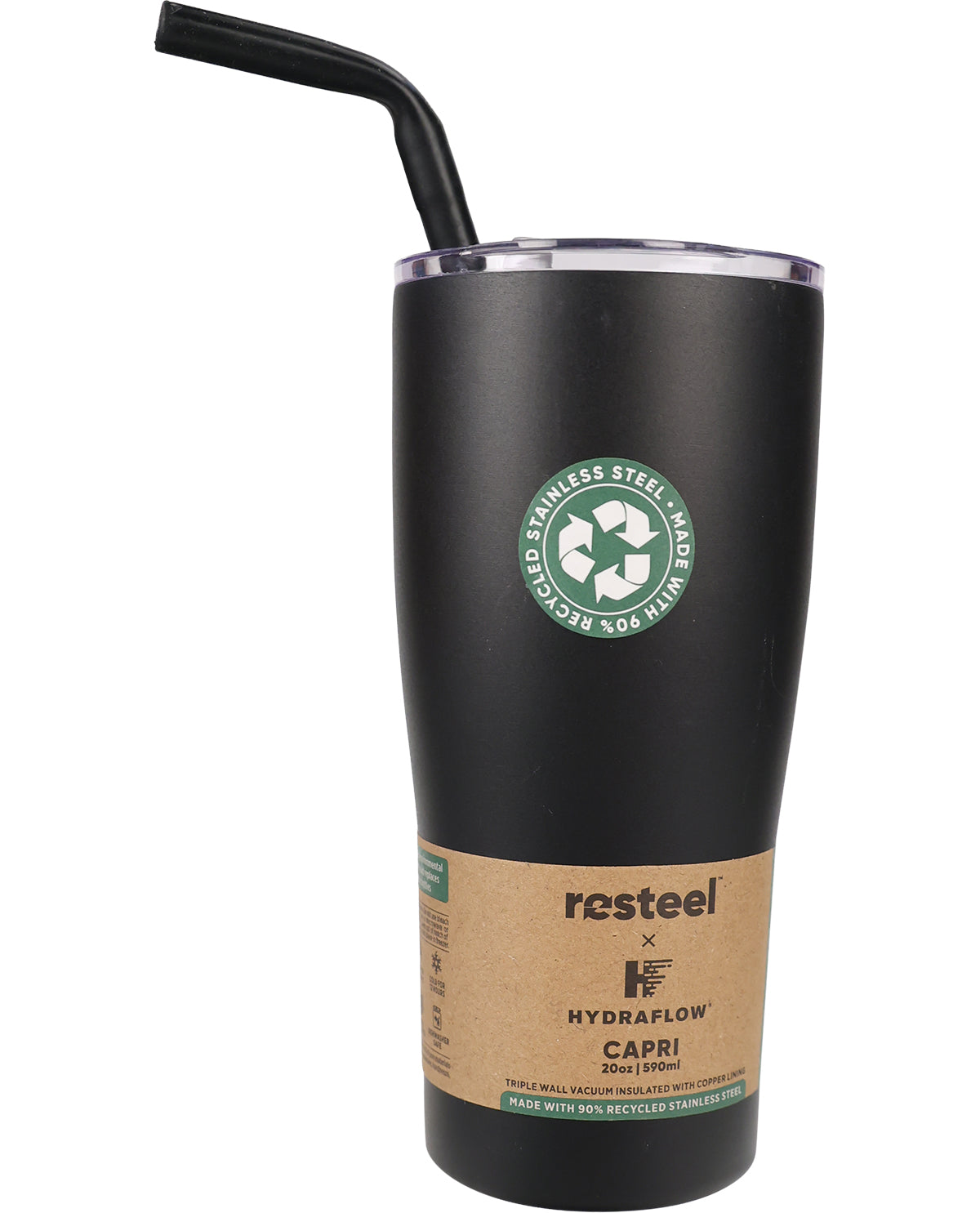 A matte black Rasteel x Hydraflow Capri 20oz stainless steel tumbler with a clear lid and black straw, featuring a green recycling logo and a brown kraft paper band near the bottom.