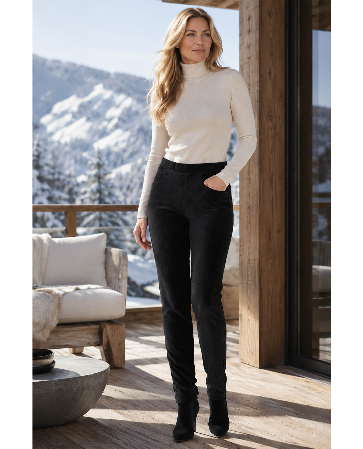 Woman in a white turtleneck and black pants standing on a wooden deck with a snowy mountain background.