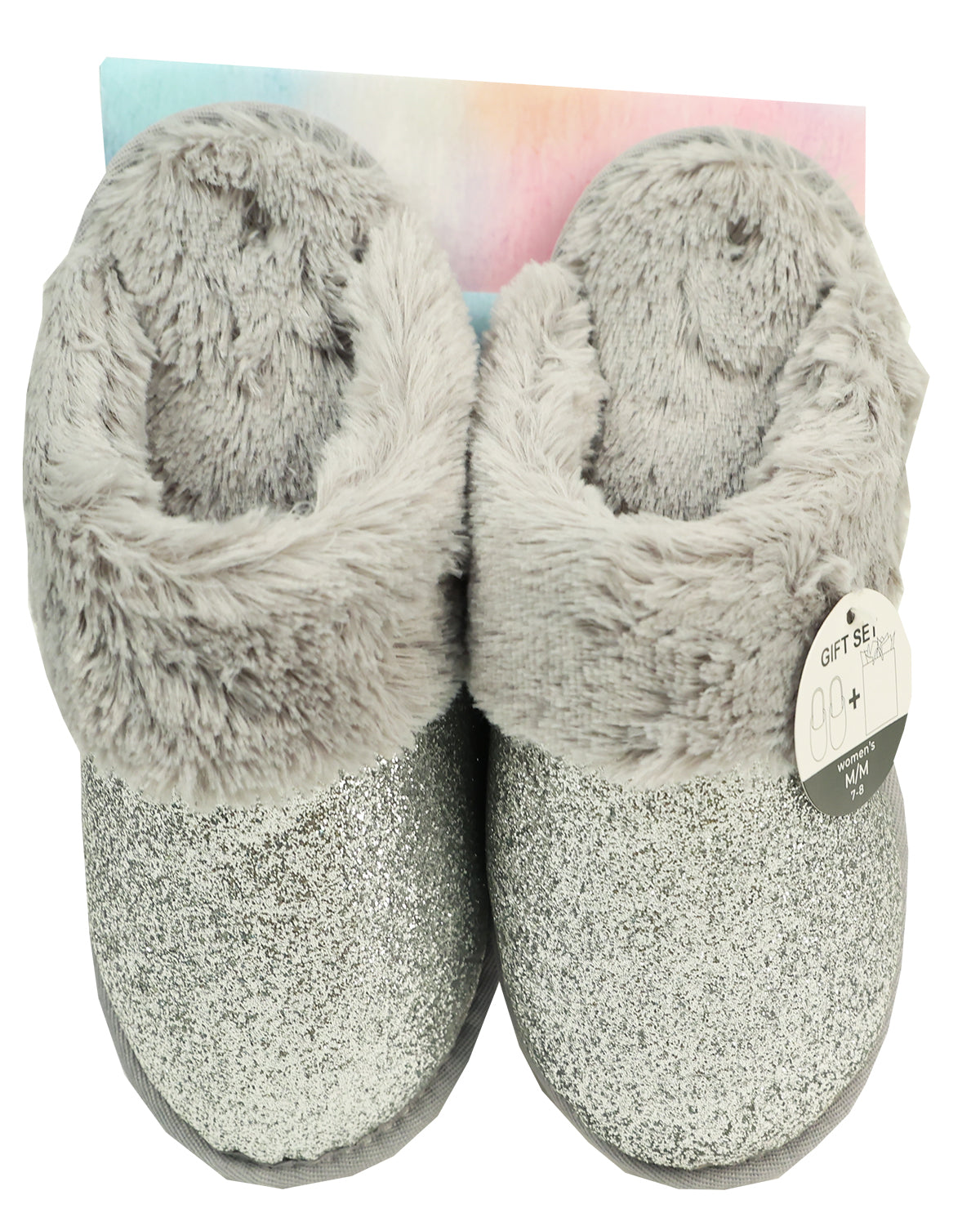 Shimmer and Faux Fur Slippers-Silver