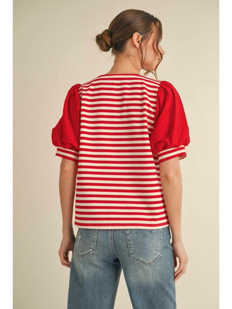 Stripe Top with V-neck, Solid Puffed Short Sleeves and Striped Band Cuffs
