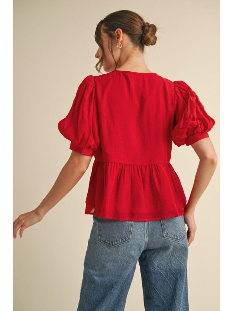 Solid Bow Ties Peplum Top with Short Balloon Sleeves and U Neckline