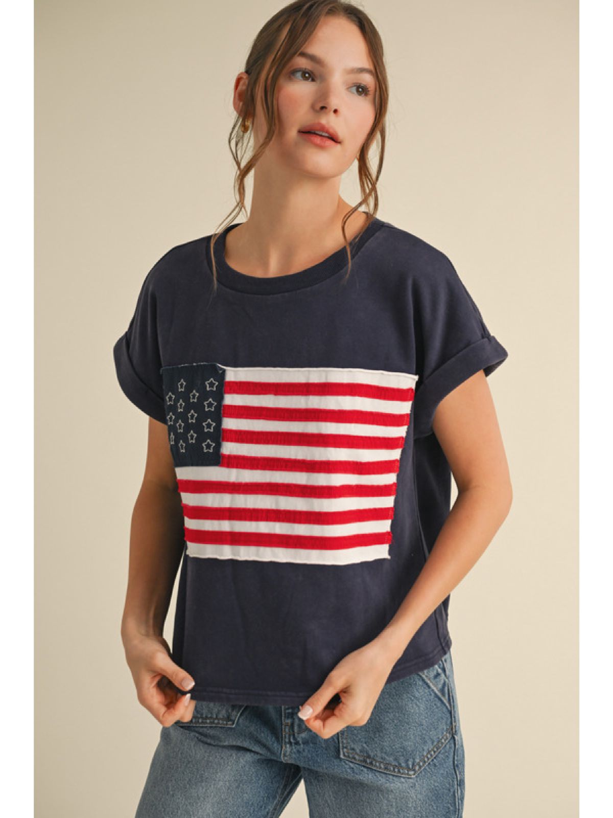 American Flag Top with U-Neckline and Cuffed Short Sleeves
