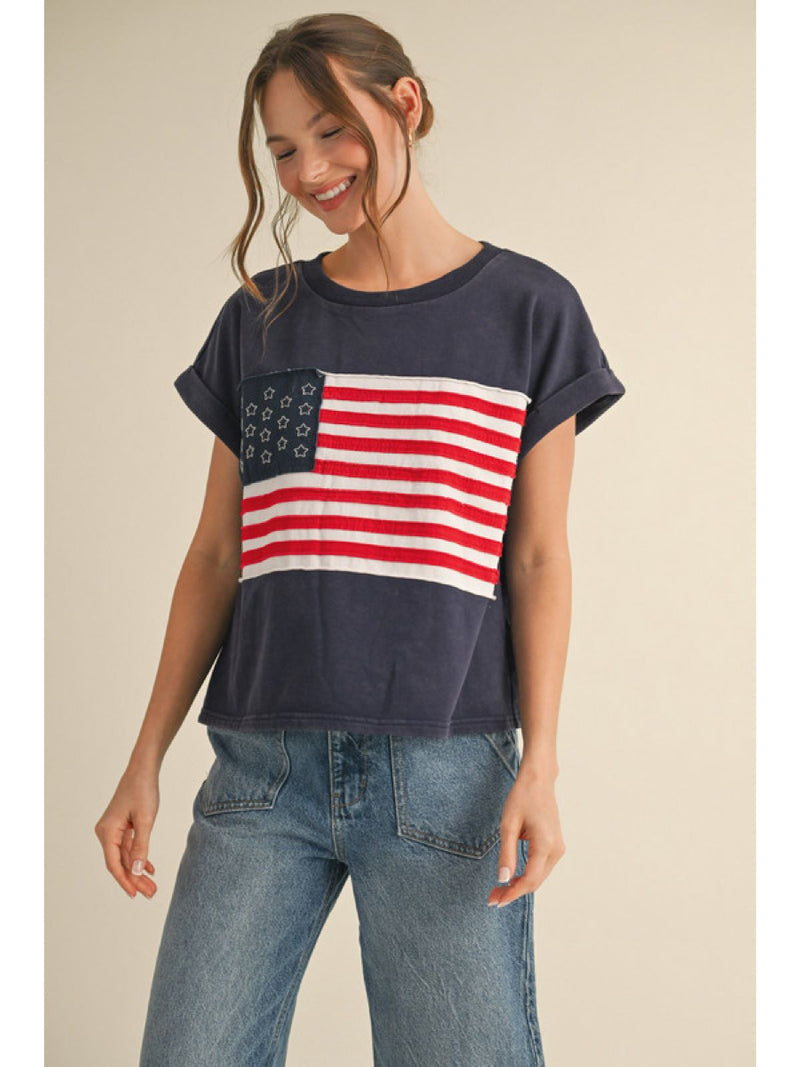 American Flag Top with U-Neckline and Cuffed Short Sleeves