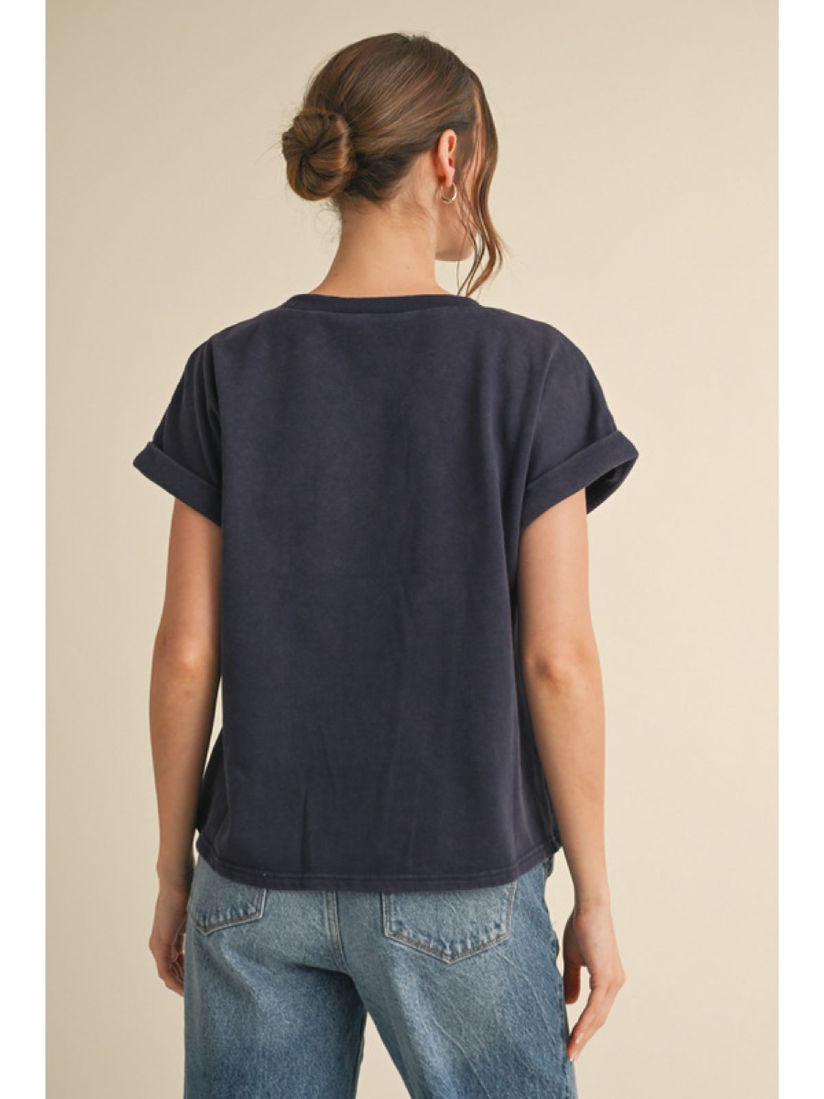 American Flag Top with U-Neckline and Cuffed Short Sleeves