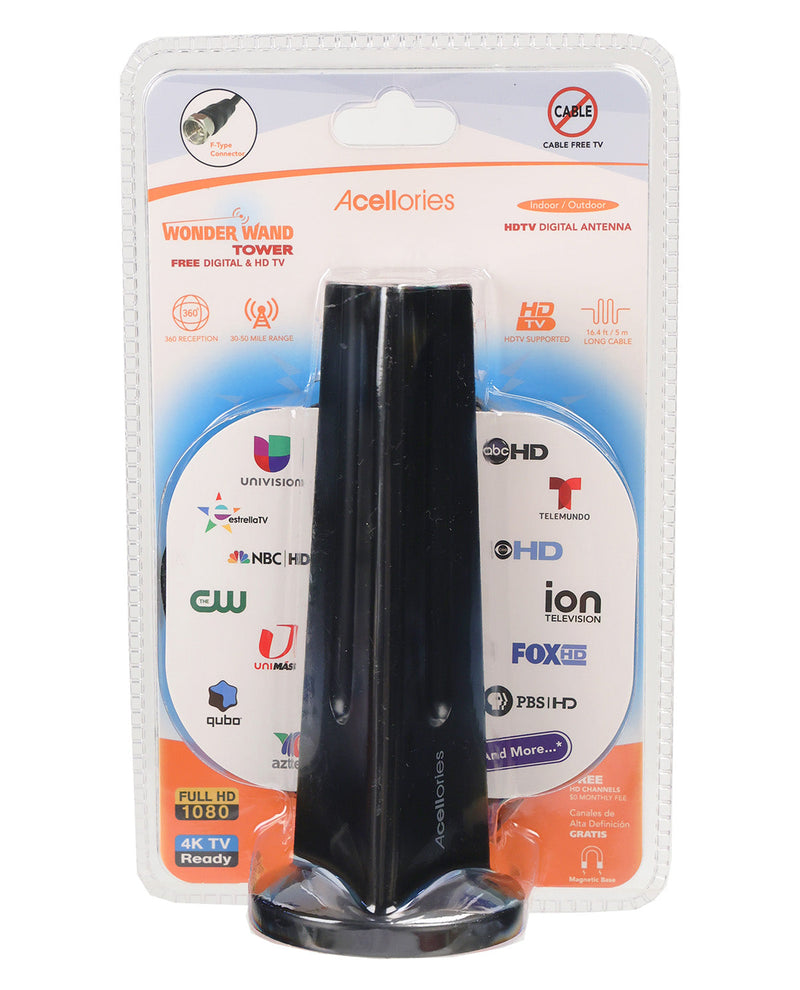 A black Acellories Wonder Wand Tower free digital TV antenna in its original retail blister packaging, featuring a clear plastic outer shell and a white backing card with orange and blue graphics.