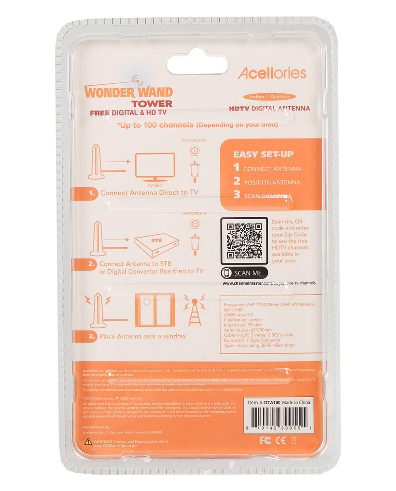 Wonder Wand Tower HDTV Digital Antenna in its original retail blister packaging, featuring orange and white instructions, a QR code, and a barcode.