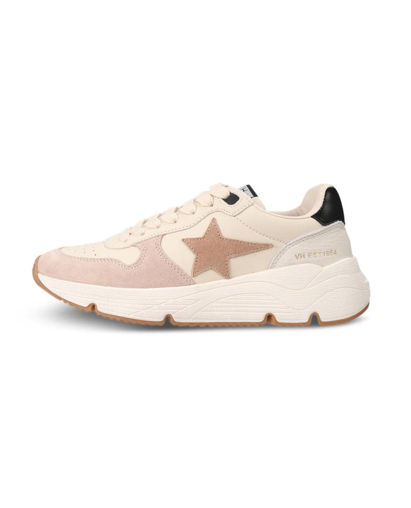 A low-top sneaker in cream and light pink suede, featuring a large star logo on the side, a chunky off-white sole, and a small black heel accent. The brand name 'WESTMALL' is printed on the side.