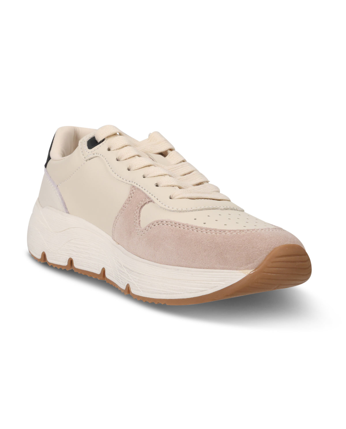 A low-top sneaker in beige and light pink suede and mesh, featuring a chunky cream midsole and a brown gum outsole, shown from a three-quarters angle on a white background.